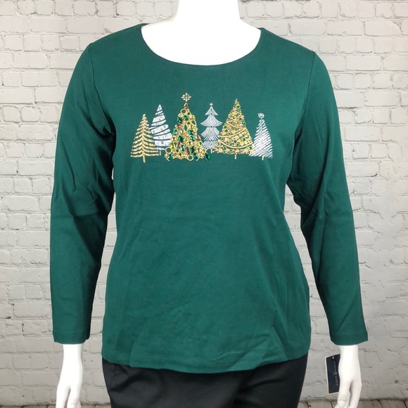 0X 2X Green Rhinestone Christmas Tree Holiday Xmas Top Plus Size - Picture 2 of 6